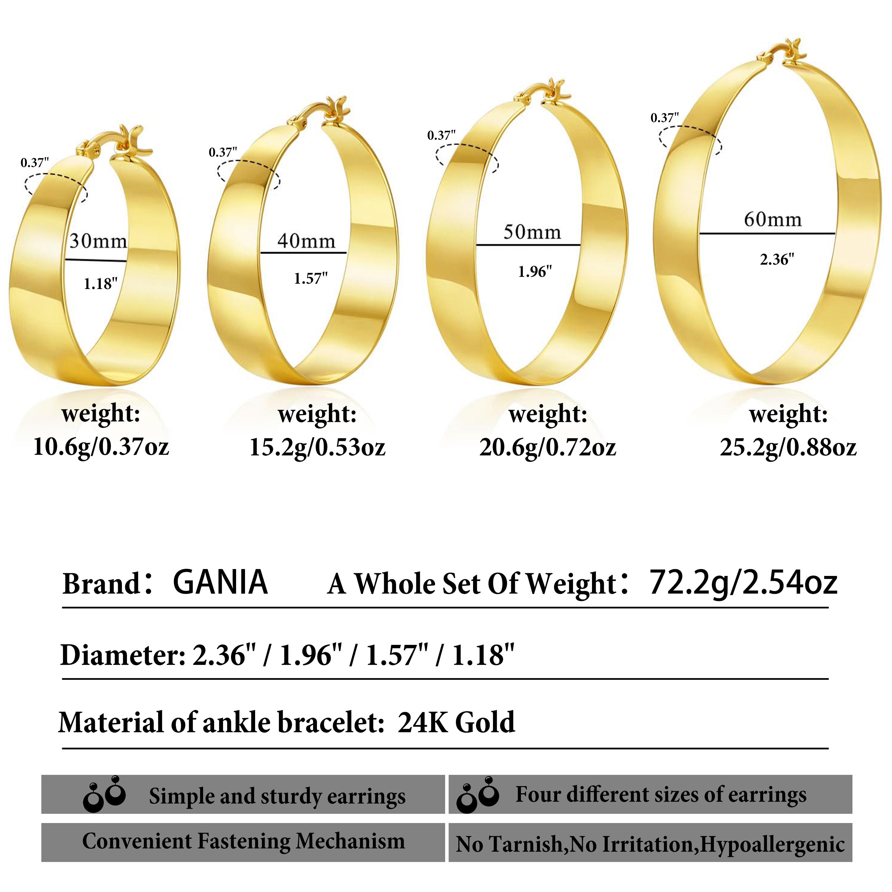 GANIA 18K gold hoop earrings - Women's version, hypoallergenic multi-size earrings with a lightweight large hoop design - 30/40/50/60 millimeters - Valentine's Day gift