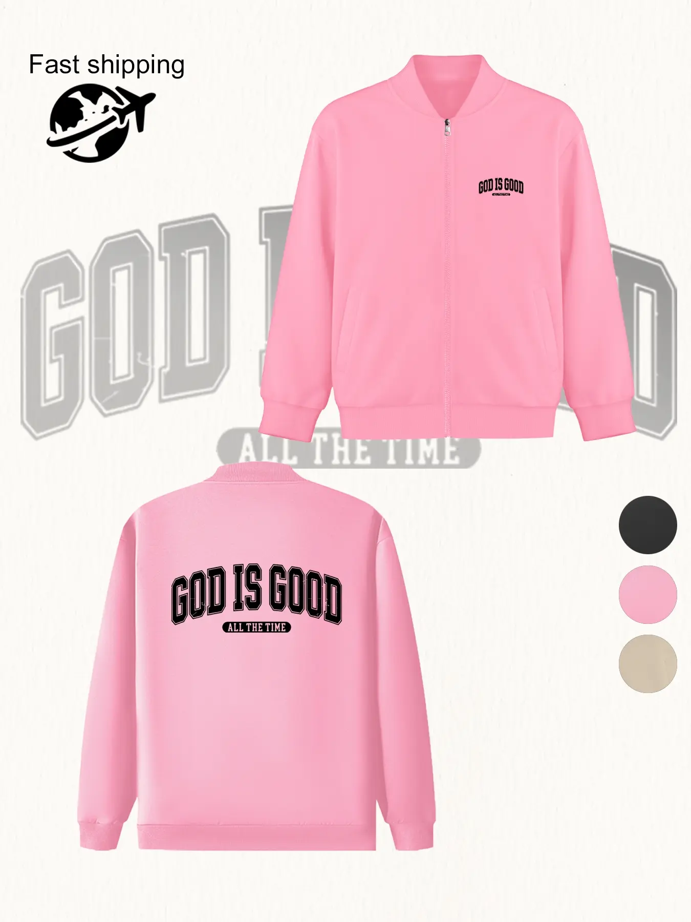 GOD IS GOOD Print Zip Jacket - Casual Stand-Up Collar Women's Coat, Stylish Trendy Outerwear, Perfect Fall & Winter Layering