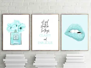 [Sale off up to 65%] [No frame, Free Ship] Paris fashion prints, baby blue wall art, set of 3, aqua perfume print, turquoise posters,  lips print, classy and fabulous quote, download