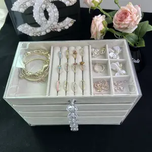 Clear the dressing table,Jewelry Box with 5 Drawers,Stackable Earring Organizer with Velvet Lining,Dust Proof Velvet Earring Display Holder for Earrings Rings Studs on Dresser Vanity,Beige Acrylic Jewelry Storage&makeup organizer,Mother’s Day Gift for Mom