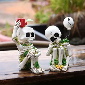 2pcs Quirky Garden Decor Set, Garden Sculptures Statues, Garden Accessories, Thinker Statue & Skull Bonsai Planter, Hawaiian Summer Theme, Halloween Decoration, Add Spooky Charm