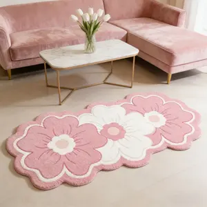 1pc French Ins Style Living Room Pink Plush Carpet Fresh Pastoral Style Bedroom Decoration Bedside Rug Cream Style Cloakroom Strip Carpet Irregular Shape Fluffy Soft Home Non-slip Floor Mat Floral Pattern Rug Soft Decorative Area Rug Floral Shaped Rug
