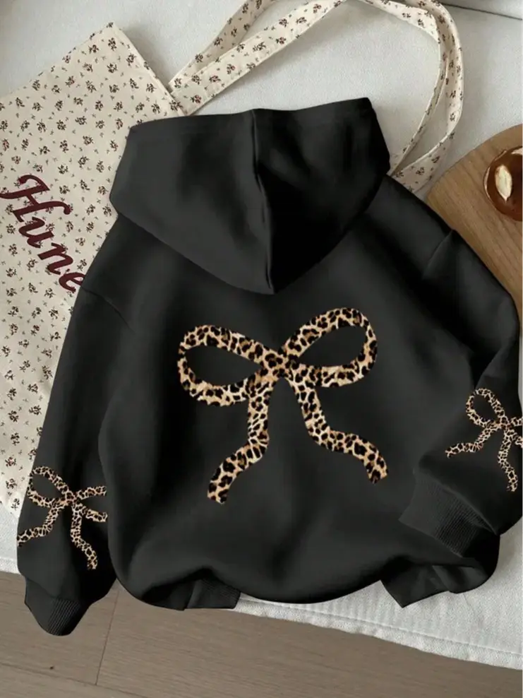 Leopard Print Bow Graphic Hoodie, Large Back Ribbon and Sleeve Prints, Black Pullover Hooded Sweatshirt for Men and Women, Casual Streetwear
