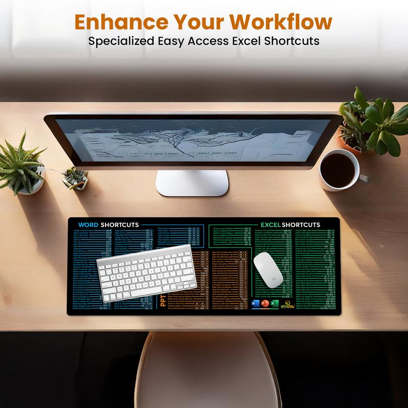 Word/PPT/Excel Shortcuts Mouse Pad - Extended XL Office Keyboard Mat, Excel Mouse Pad Shortcuts, Stitched Edges | Non-Slip Base excel Cheat Sheet Desk Pad (31.5x11.8) Inch