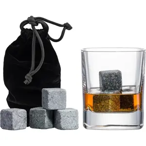 Set of 9 Grey Beverage Chilling Stones [Chill Rocks] Whiskey Stones for Whiskey and Other Beverages - in Gift Box with Velvet Carrying Pouch - Made of 100% Pure Soapstone - by Quiseen Quiseen