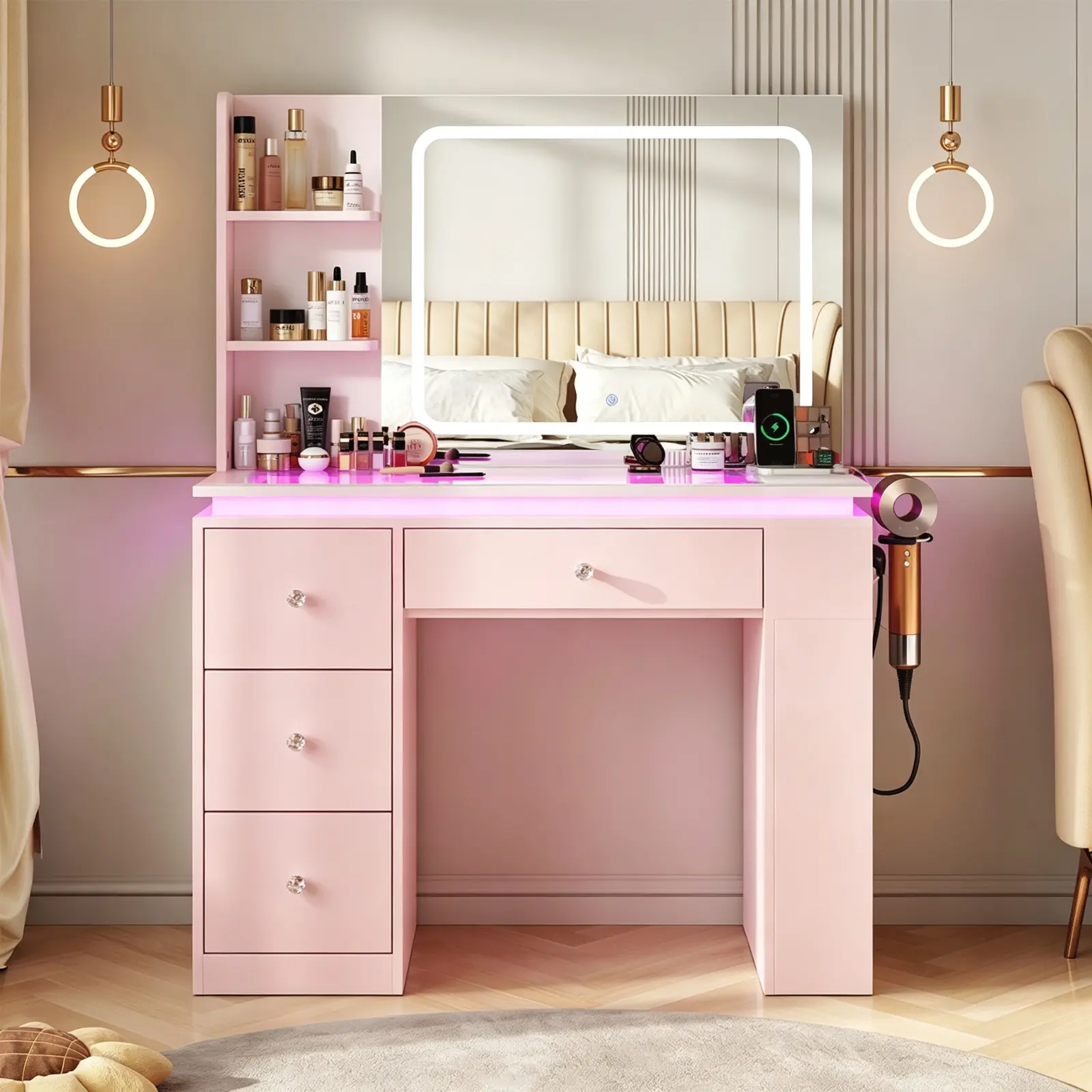 CollaredEagle Modern Makeup Dressing Table Vanity Table with Glass Top RGB Lighting Power Outlet and Spacious Storage Drawers