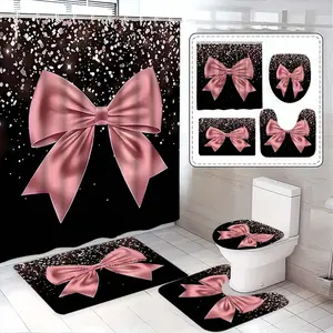 Elegant Bowknot Shower Curtain Set, Waterproof Polyester Bathroom Decor, Includes 12 Hooks, Non-Slip Mat, U-Shaped Rug, Toilet Seat Cover, Bathroom Decoration Accessories
