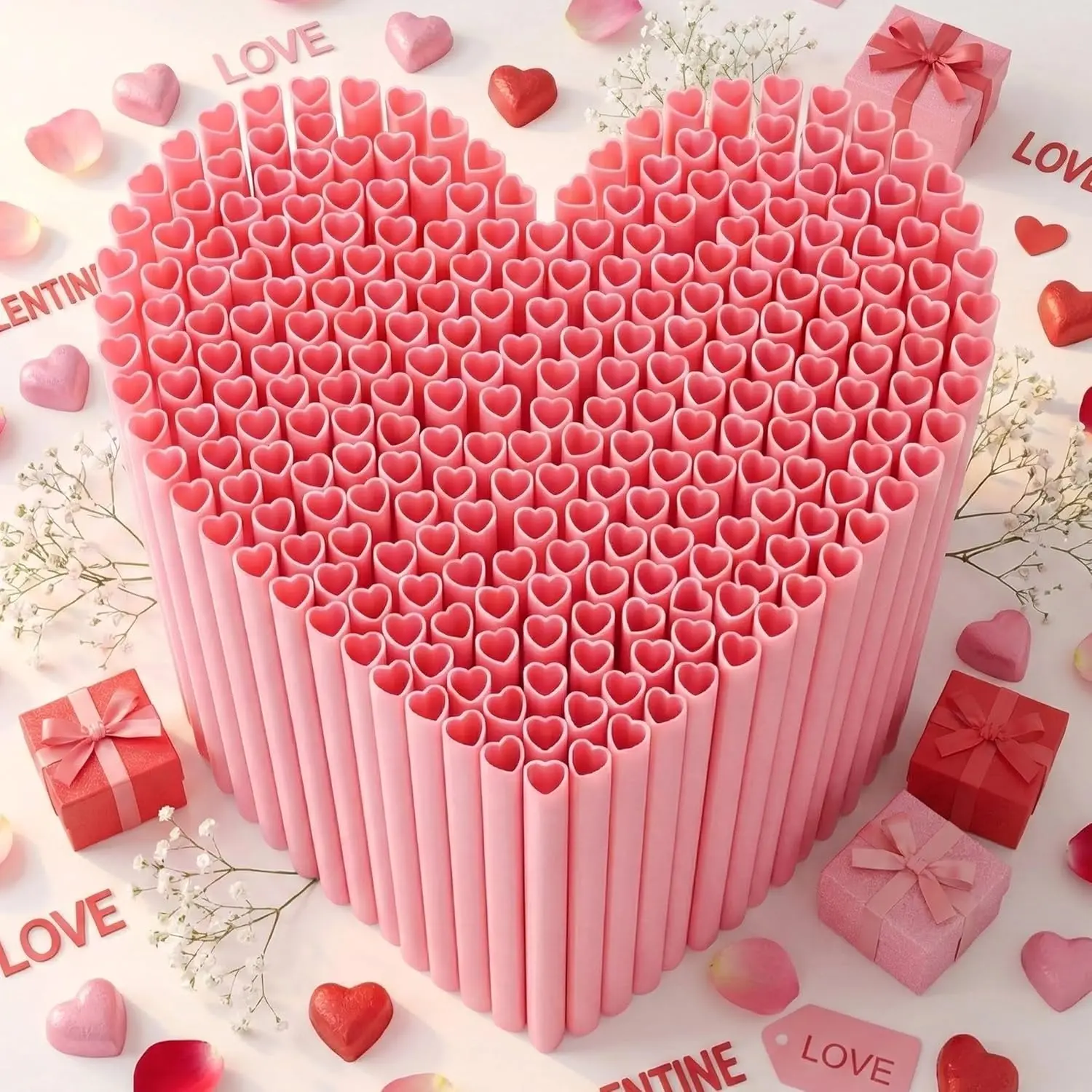 Valentine's Day Heart Straws - 100 Pink Plastic Straws Heart Shaped | Cute Disposable Drinking Straws for Weddings, Birthday, Galentine Party, Cocktails Decorations