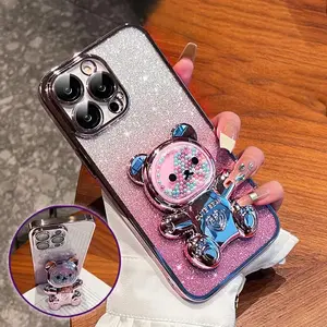 Cute Bear Design Phone Case with Holder, Glitter Phone Protective Cover, Phone Accessories Compatible with iPhone 16 15 Pro Max 14 13 12 11 Pro Max, Casing