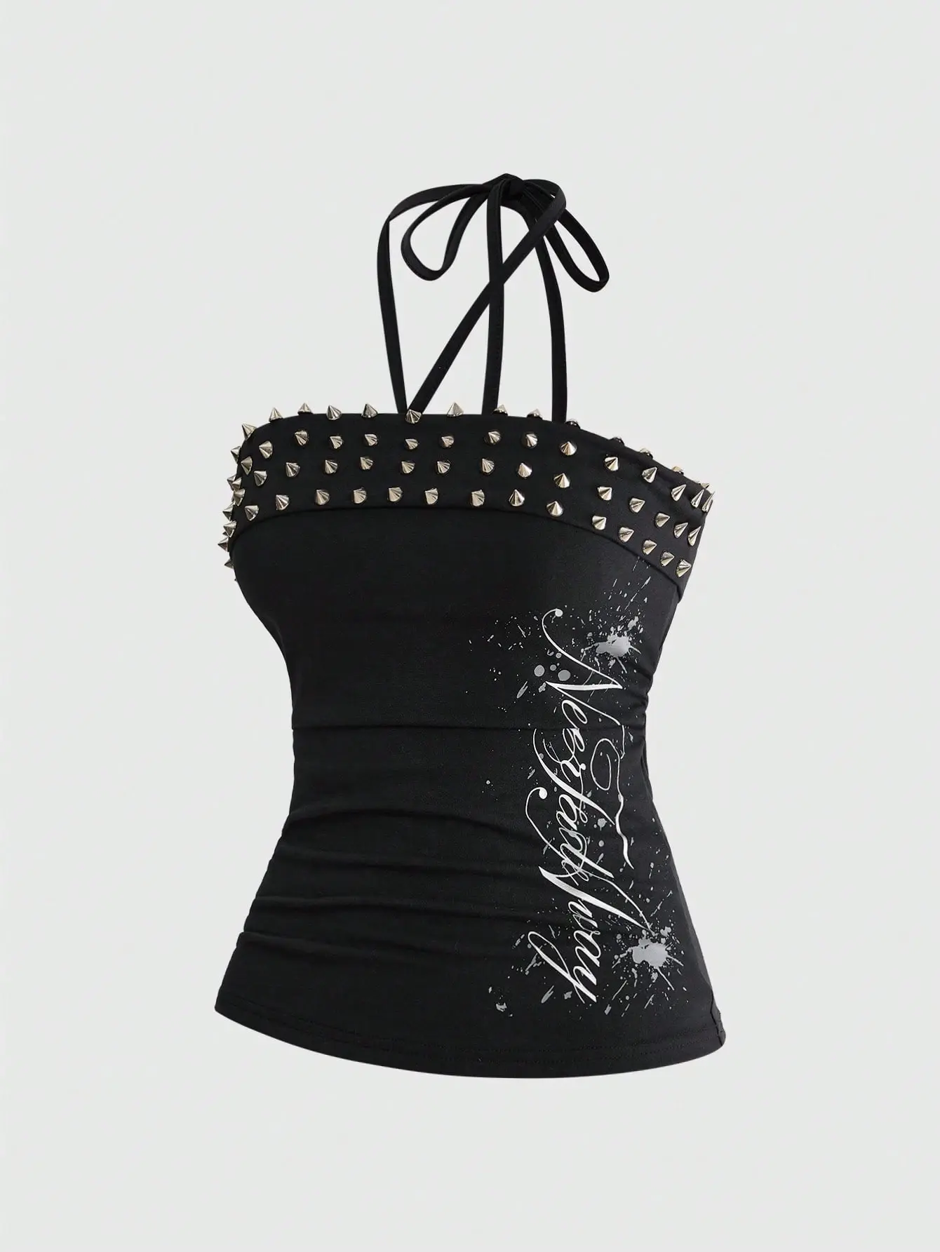 SM&Co. Grunge Punk Y3K Slogan Print Womens Punk Studded Cropped Camisole Top With Side Slit Streetwear Edgy Going Out Top sohochic