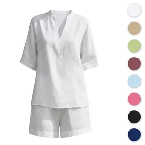 Women 2 Piece Sets Cotton Linen Sets - Casual V Neck Short Sleeve Top & Shorts Outfits |   Breathable Summer Matching Set