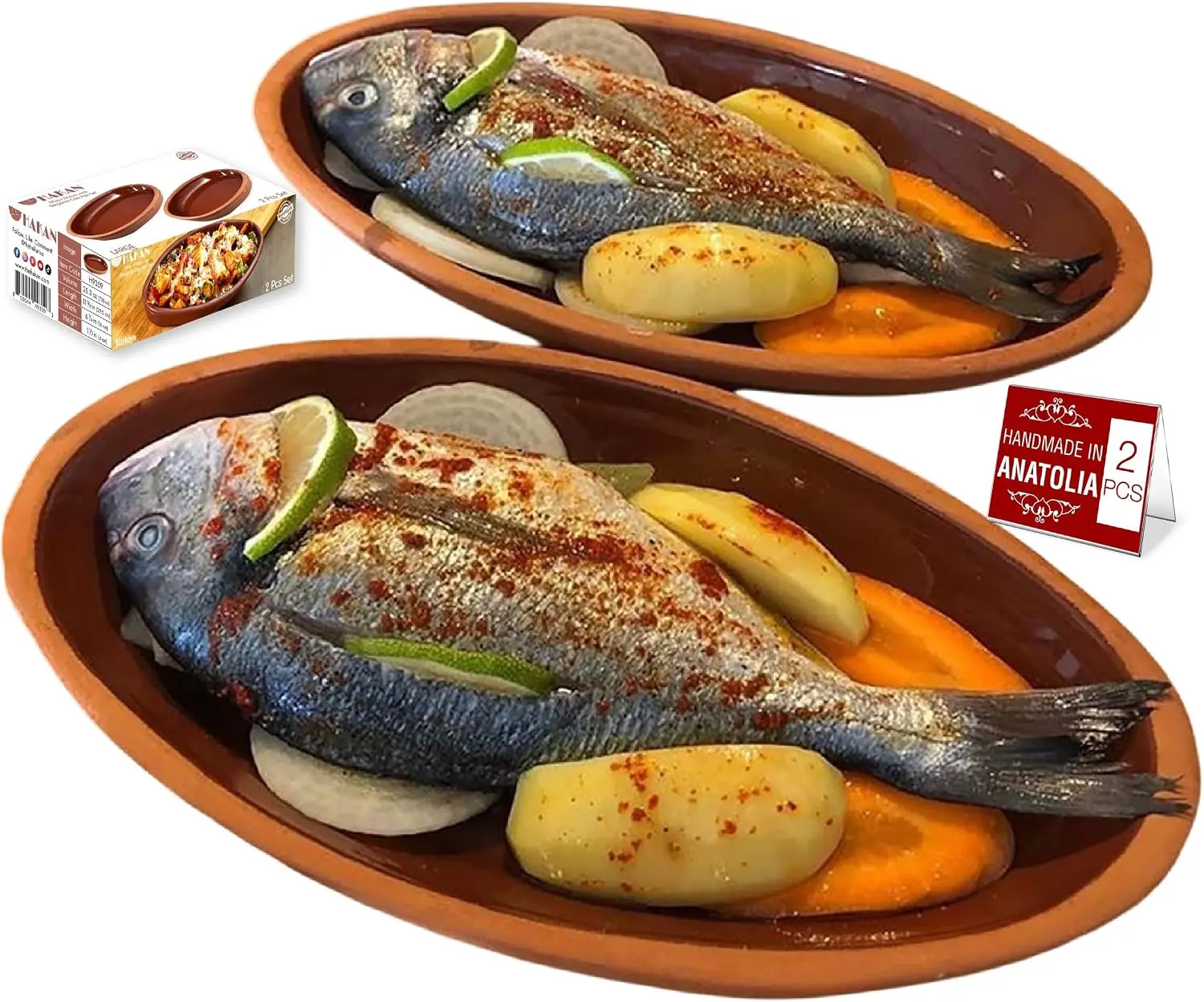 Hakan Bergama Handmade Oval Clay Pan Set of 2 | Terracotta Pans Glazed Inside | Casserole Dishes for Oven Baking | Traditional Earthenware Clay in Box, Large, 6.2 x 11.6 x 1.5-inch 25.3 Oz (750 cc)