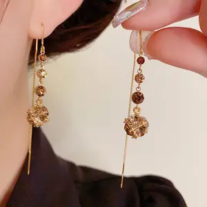 Shiny Super Shiny Zircon Brown Diamond Ball Tassel Earrings for Women, DDES0256 Elegant Long Design Crystal Earrings, Face Slimming Exquisite Ear Jewelry 14K Gold-Plated