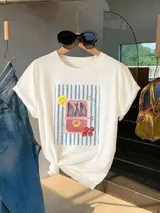 Women'S Vintage Food-Themed Short-Sleeve T-Shirt 100% Loose Fit Decorated with Prints of Canned Sardines Lemons And Tomatoes Breathable And Comfortable Casual Daily Top Letter Pattern Adult Women'S Summer Beach Fashion Short-Sleeve T-Shirt