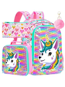 Rainbow Flip Sequins Unicorn Backpack 3-in-1 Set Girls Sparkly School Bag with Lunch Box & Pencil Case Kids Casual Daypack for Daily Use