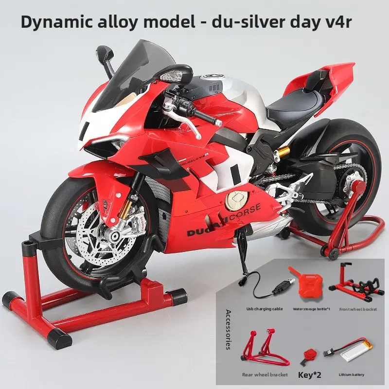 Alloy motorcycle model, Scale collectible motorcycle, 1:7 ultra-light all-carbon V4, featuring realistic sound and light effects, key start, mechanical linkage design, water spray effect, alloy material construction, suitable for collection and playing.