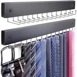 2Pack Wall Mounted Tie Rack, Wooden Belt Hanger Tie Organizer for Closet with 28 Folding Hooks, Space Saving Tie Holder and Belt Rack, Black