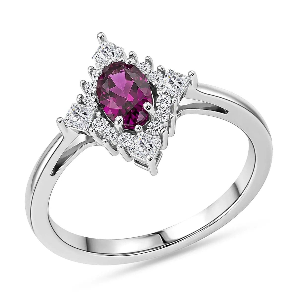D'Joy Malawi Magenta Garnet, White Zircon Ring in Rhodium Over Sterling Silver (Size 10.0) 0.90 ctw