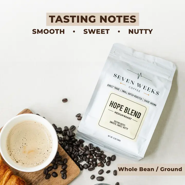 7 Weeks Coffee | Hope Blend Medium Roast, Whole Bean, Lab-Tested Mold & Mycotoxin-Free, 12oz, Nutty Notes