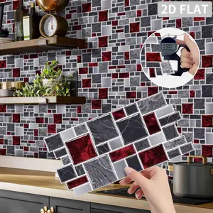 12/24/48 PCS Self-Adhesive Red Black Grey Square Marble Tile Stickers, PVC Crystal Film Irregular Wall Decals, Decorative Wall Sticker, Waterproof Oil-Proof for Kitchen Bathroom XY-HTP