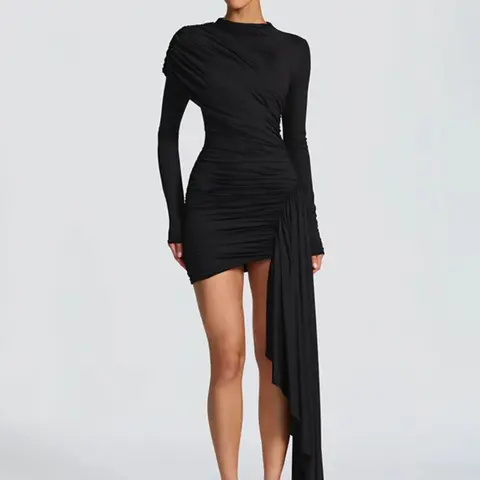 Women's Fashion Round Neck Ruched Long Sleeve Fitted Dress Lady, Comfortable Elegant Formal Spring & Fall, Perfect for Daily Wear, Vacation, Date, Party, Holiday, Elegant Party Dresses