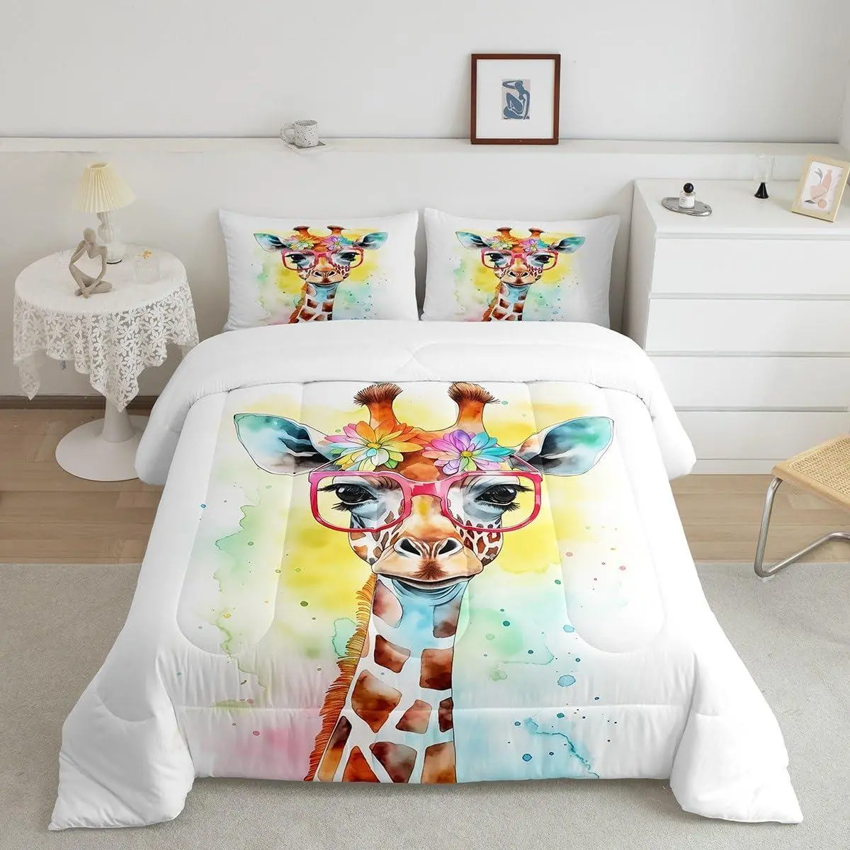 Watercolor Giraffe Kids Comforter Set,Cartoon Animals Toddler Bedding Set,Girls Boys Adults Room Decor,Rainbow Tie-dye Boho Down Comforter,Colorful Cute Duvet Insert