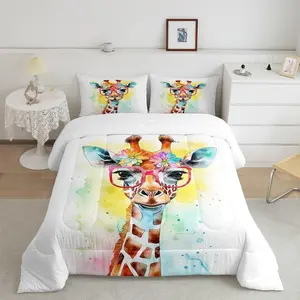 Watercolor Giraffe Kids Comforter Set,Cartoon Animals Toddler Bedding Set,Girls Boys Adults Room Decor,Rainbow Tie-dye Boho Down Comforter,Colorful Cute Duvet Insert