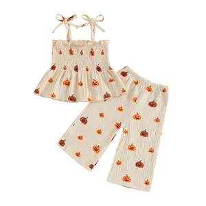 Toddler Little Girl Halloween Outfit Pumpkin Smocked Tie-up Spaghetti Strap Babydoll Tops Wide Leg Pants 2 Piece Set