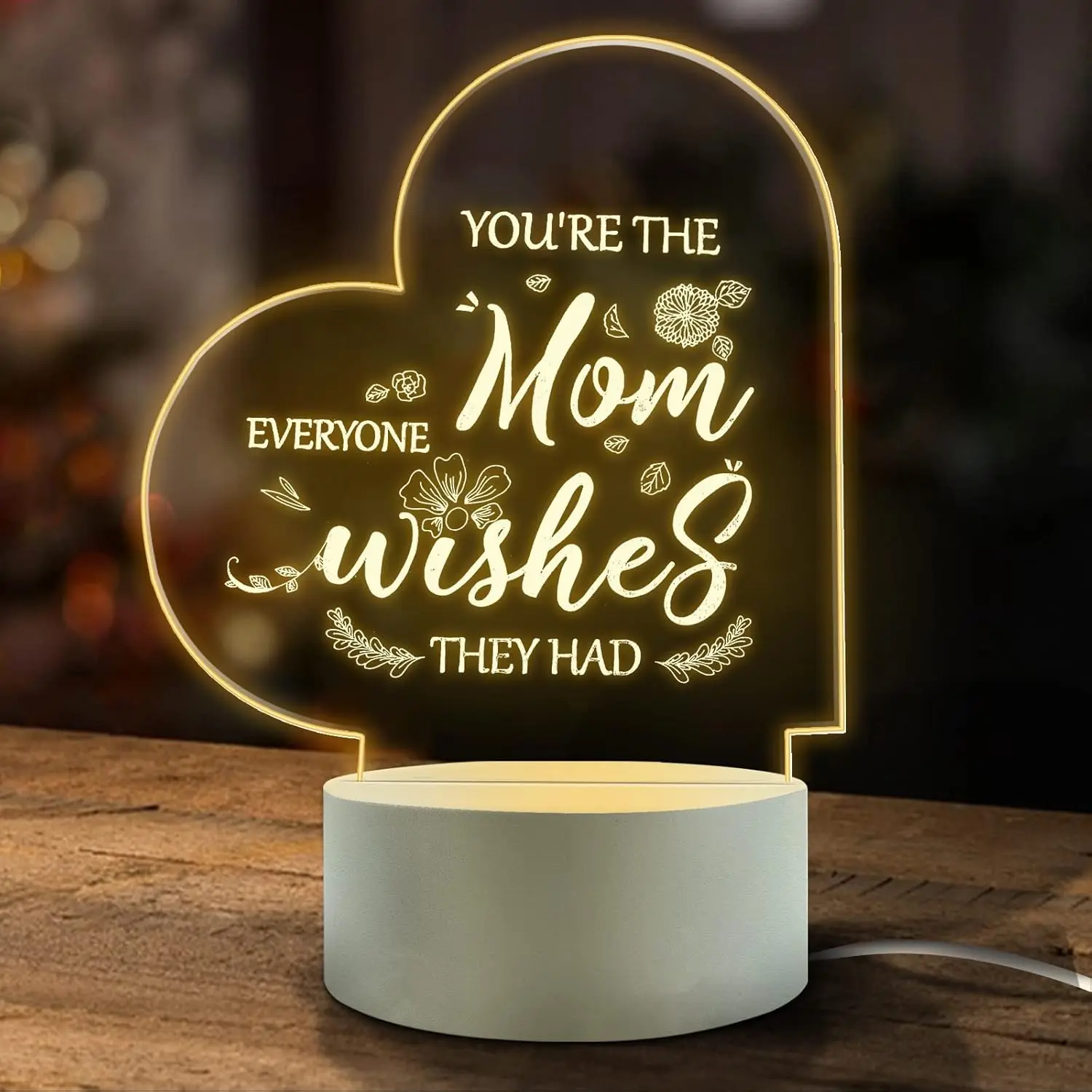Acrylic Heart-Shaped Floral Engraved LED Night Light - USB Dimmable Adjustable Warm Glow Indoor Home Bedroom Decor, Heart Decorations Decorative Lights for Mothers, Housewarming Gift Lighting Solution