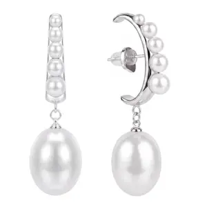 KVK Cloud Series C-Shaped Pearl Earrings - Platinum Color