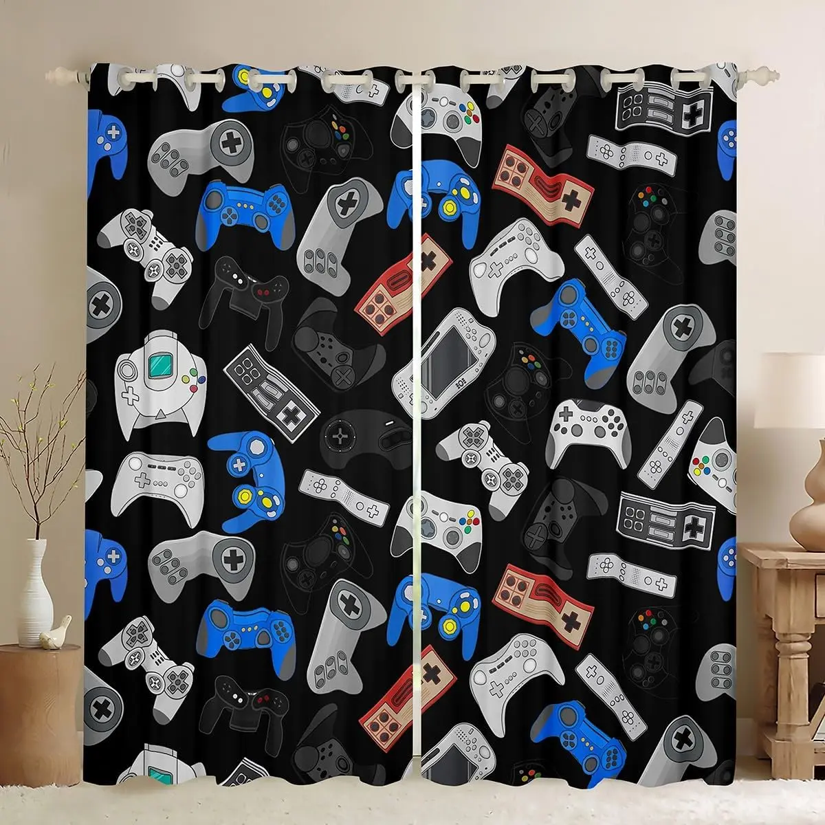 Feelyou Soft Grommet Curtain Panels - 2-Panel Modern Velvet Privacy Curtains, Anti-Light, Smooth Sliding, Sun Protection, Machine Washable Indoor Blue Black Window Treatment Household Textile Accessory, Privacy Grommet Curtains