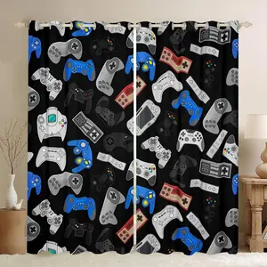 Gamer Curtains,Room Blue Black Video Gamer Bedroom Window Treatment,Gaming Game Controller Living Room Drapes
