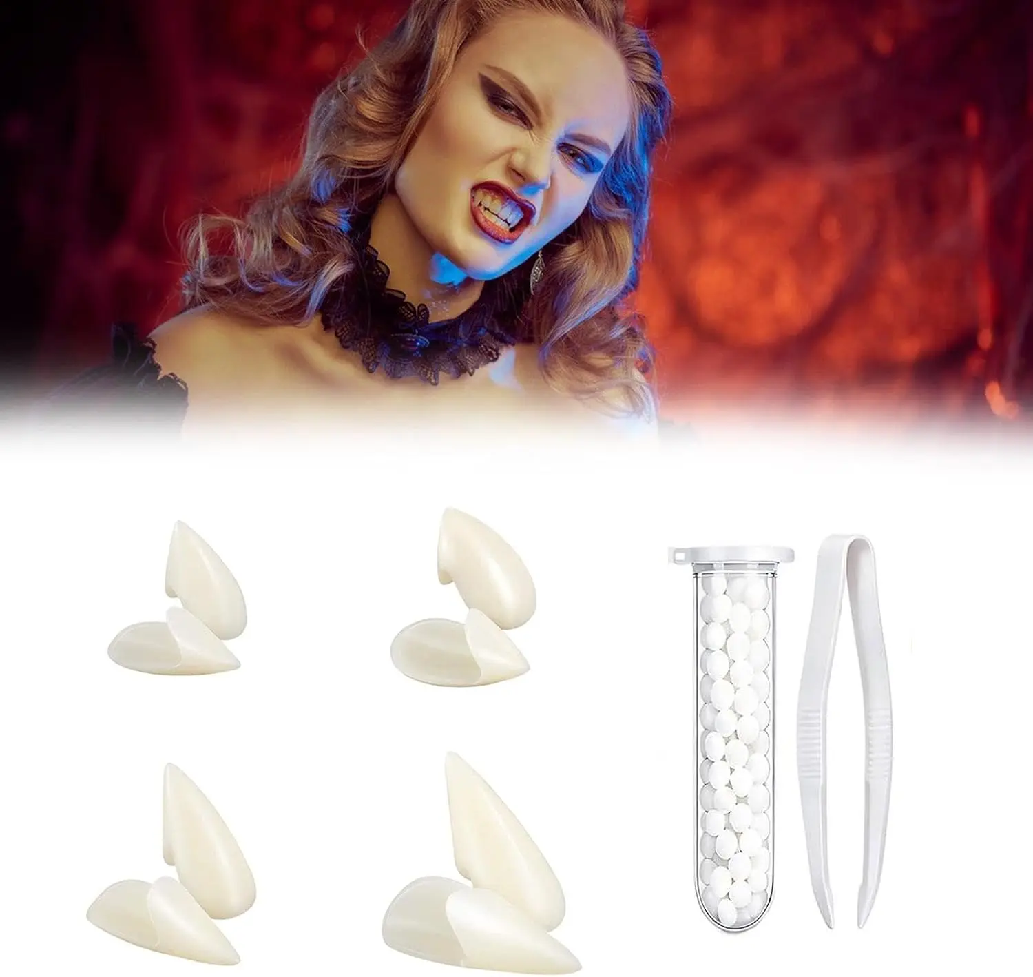 Vampire Teeth Fangs, 4 Pairs Vampire Teeth with Adhesive (13-19mm)