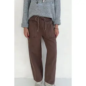 Parker Cotton Drawstring Barrel Pants - 100% Cotton, Elastic Waistband, Vintage Wash, Slouchy Fit, Cocoa Brown Color, Perfect for Casual Wear