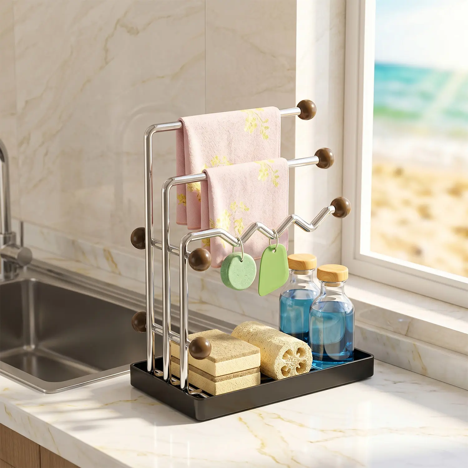 Stainless Steel 3-Tier Kitchen Sink Caddy with Removable Drain Tray, Dishcloth Drying Rack Sponge Holder for Kitchen Countertop, Bathroom & Home Storage (Wavy Type)