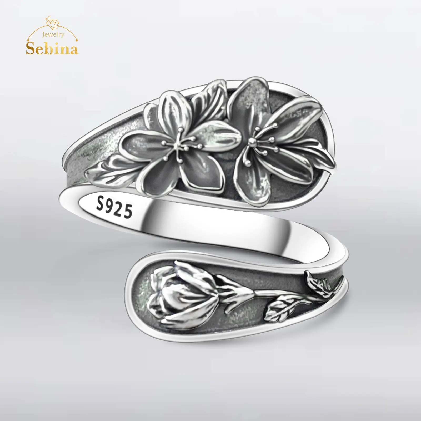 Sebina Jasmine Spoon Ring - Vintage Boho Thumb Oxidized Wrap Rings Victorian Style Antique Floral Sterling Silver Jewelry Gifts for Women Unique Ring Vintage Inspired Ring