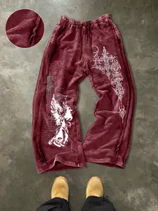 Unisex Washed Cotton Soft Sweatpants, Side Hem Stitching Long Pants, Casual Sports Trousers, Gothic Print, Stylish Casual Fitted Style, Elastic Waist, All Seasons