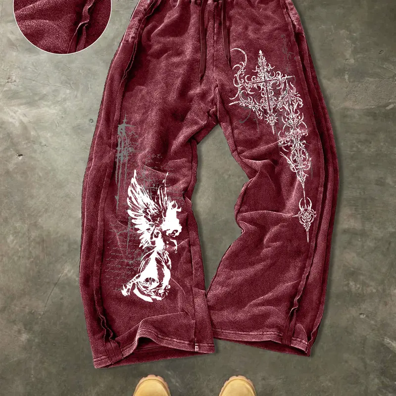 Unisex Washed Cotton Soft Gothic Print Sweatpants, Athleisure Sweats, Side Hem Stitching, Elastic Waist, Casual Athletic Fitted Trousers, All Seasons Gym
