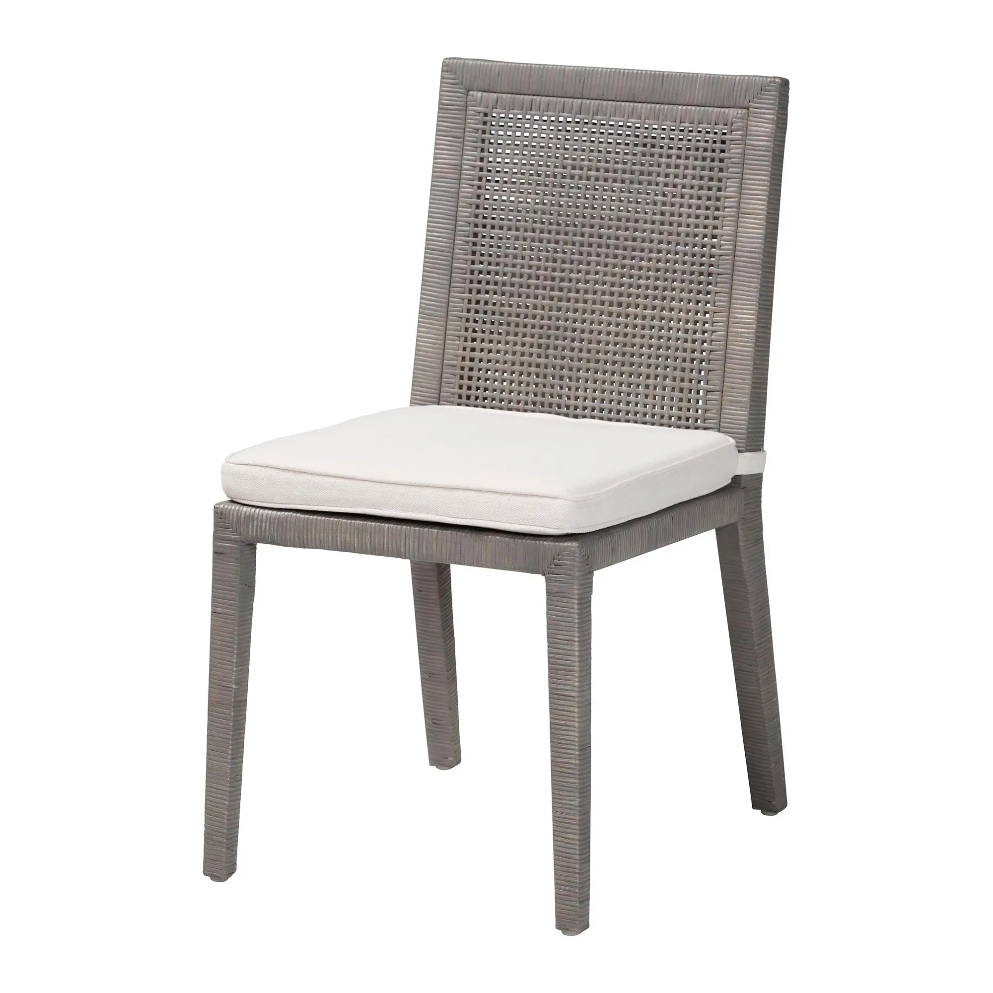 Bali & Pari Sofia Sturdy Cushioned Rattan Dining Chair - Pre-Assembled Handwoven Wicker Side Chair with Mahogany Wood Frame, Coastal Boho Indoor Seating, French Grey, Dining Chairs, Coastal Boho Style