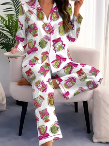Women’s Pickle Lover Pink Bows Pajama Set, Christmas Sleepwear Gifts Nightwear Pajama Satin Long Pants, Noel Santa Gift For Her