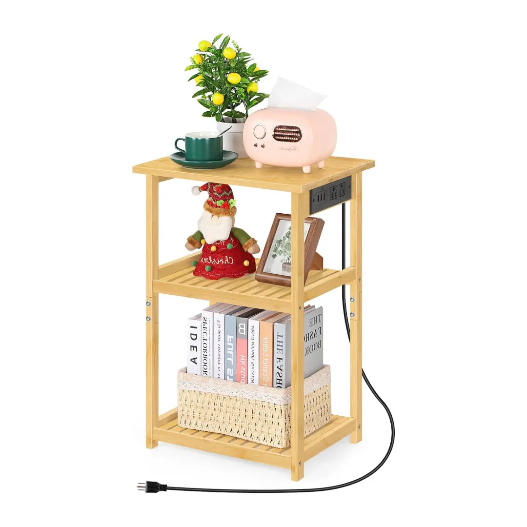 End Table with Charging Station, 3 Tier Bamboo Nightstands, Bedside Table with USB Ports and Outlets, End Table Side Table for Bedroom, Living Room, Nursery, Rustic Farmhouse