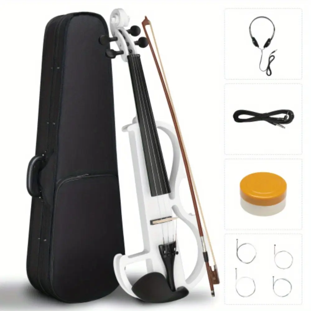 4/4 Full Size Bunnel Edge Electric Silent Violin Kit for Adults - Basswood Body, Silent Pick-up, Piano Lacquer Finish, Includes Case, Bow, Headphones, Connecting Cable, Black