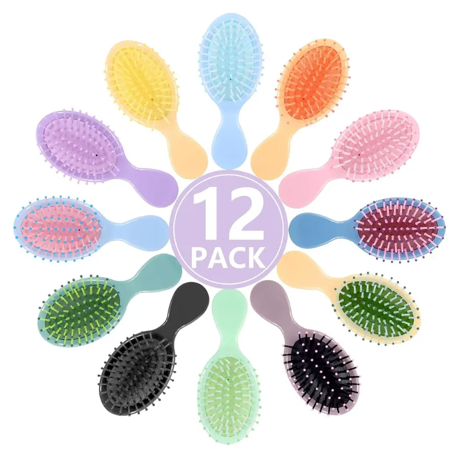 Female ABS Plastic Mini Detangling Hairbrushes - 12-Pack 12-Color Compact Travel Brushes with Flexible Bristles for Wet and Dry Hair