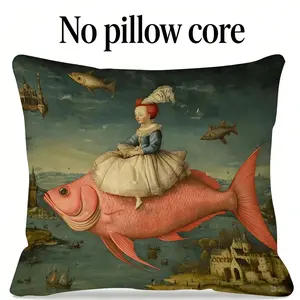 1pc Whimsical Renaissance-Style Fish-Shaped Throw Pillow Cover - Soft, Comfortable, and Stylish with Zipper Closure, Machine Washable, 45.01x45.01cm, Perfect for Living Room, Bedroom, or Sofa Decor, Sofa Accessory | Whimsical Design | Durable Fabric, Deco