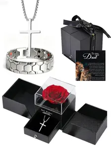Father's Day Gift: Men's Titanium Cross Necklace and Bracelet Set, Eternal Flower Box, Vintage Accessories, Daily Wear