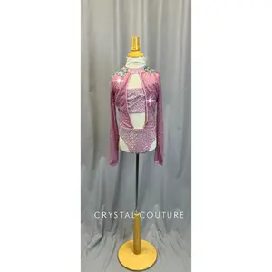 Mauve/Lilac Mesh Long Sleeve Leotard - Rhinestones