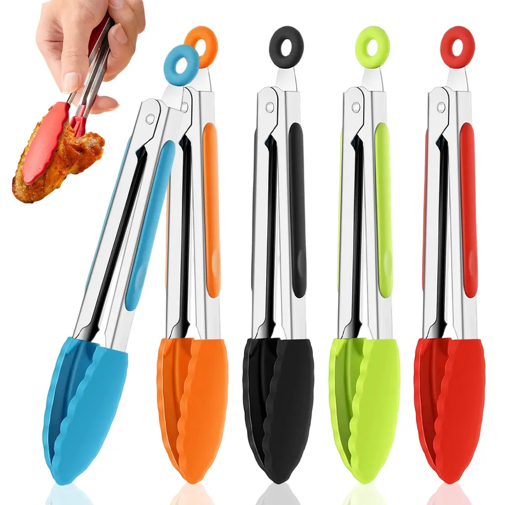 5 Pack Mini Kitchen Tongs 7 Inch Silicone Tongs for Cooking Serving BBQ, Small Stainless Steel Food Tong with Silicone Tips for Salad, Bread, Buffet, Party & Kitchen Use(Multi)
