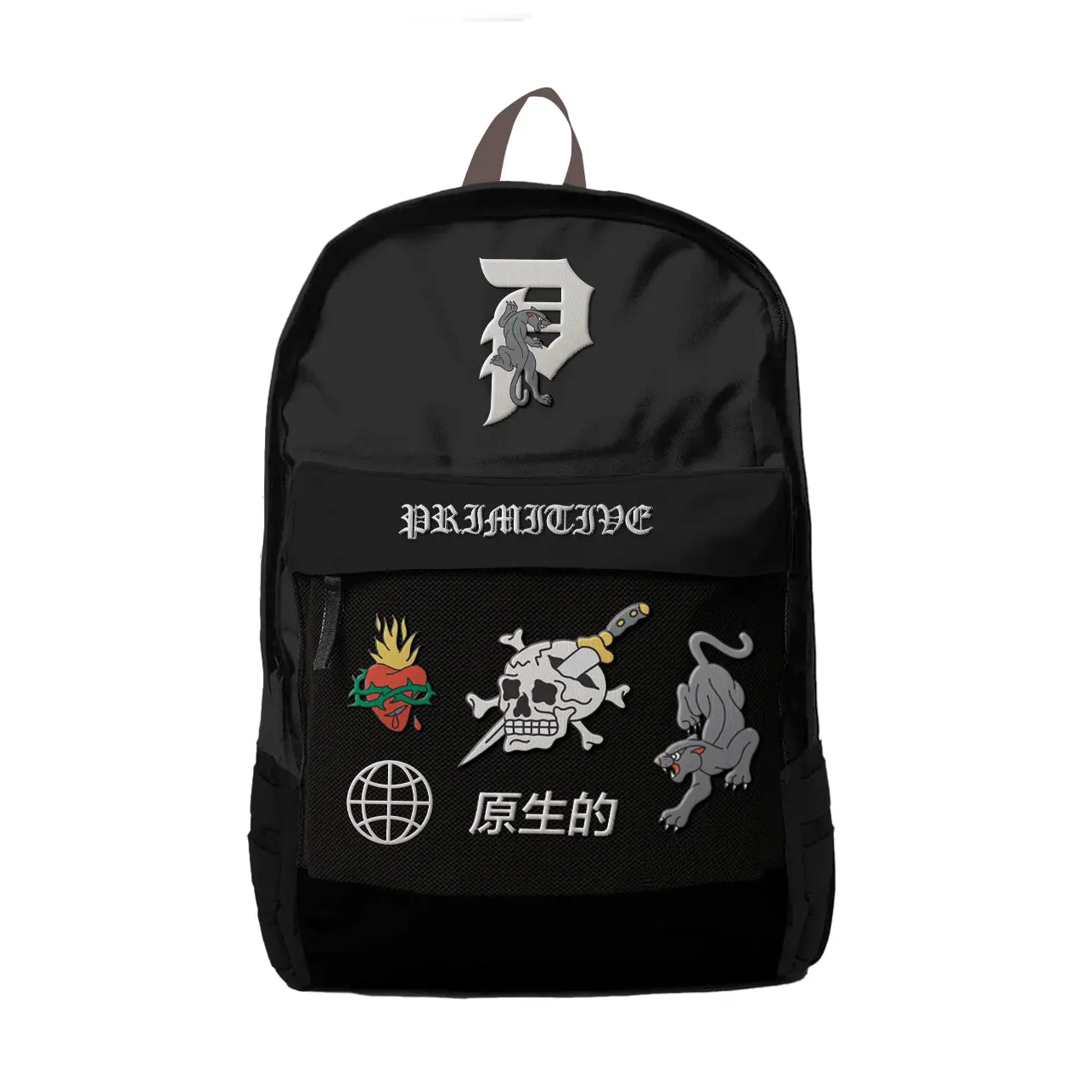 Primitive Skateboarding Casual Backpack, Outsider Style, Polyester Material, Top Handle, Zipper Closure