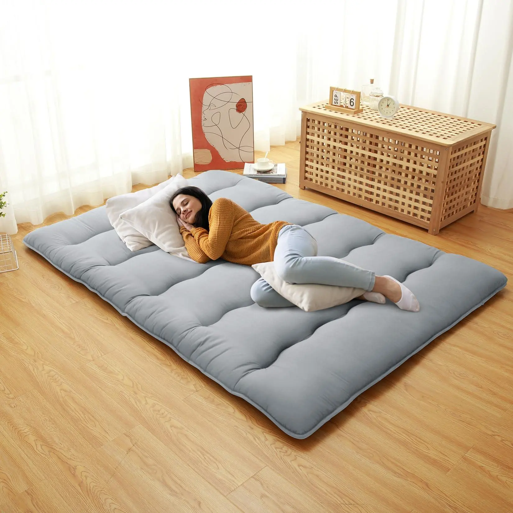 Japanese Floor Futon Mattress Full Size,Japanese Style Folding Futon Mattress Sleeping Mattress Pad for Adults Kids,Tatami Mat,Roll Up Camping Mattress,Light Grey