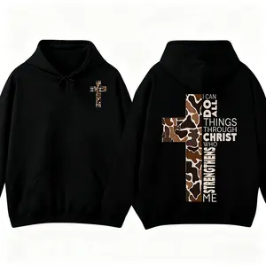 Camouflage Cross 'I Can Do All Things Through Christ' Graphic Mega Hoodie Long Sleeve American Religious & Outdoor Enthusiast Streetwear